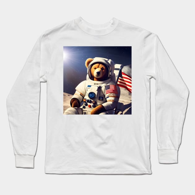 Teddy in a Space suit sitting on a deck chair on the Moon Long Sleeve T-Shirt by Colin-Bentham